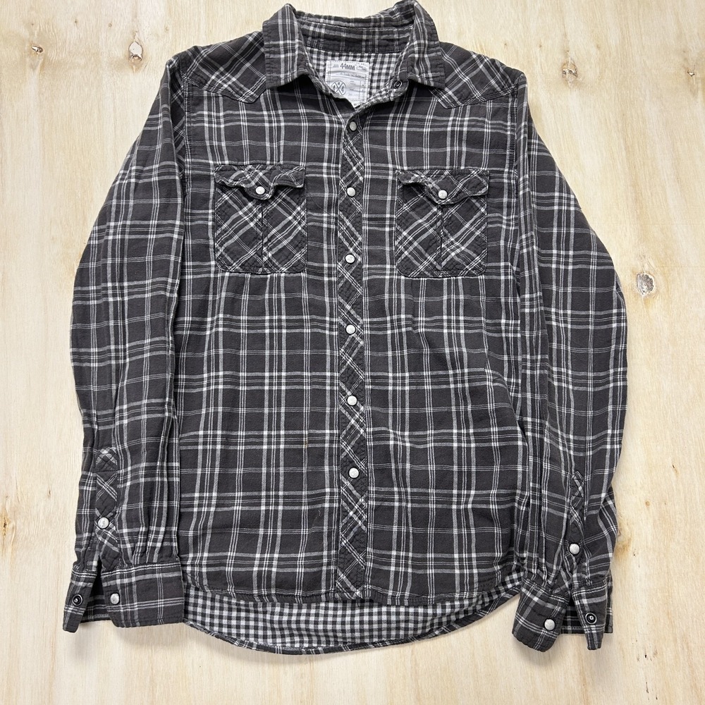 Y2K 44MM Flannel Shirt Mens Medium Gray Plaid Long Sleeve Snap Button Up Western